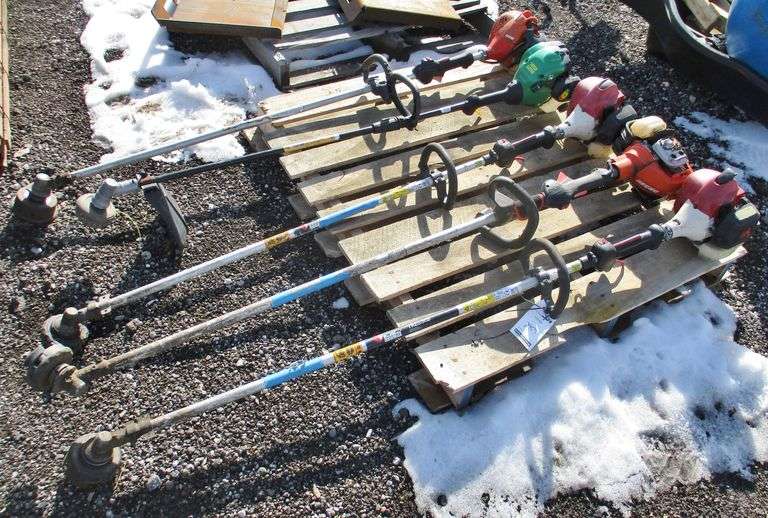 Assorted commercial weed trimmers, include 2 Echo, 2 Redmac, 1 Weed eater, used, not working