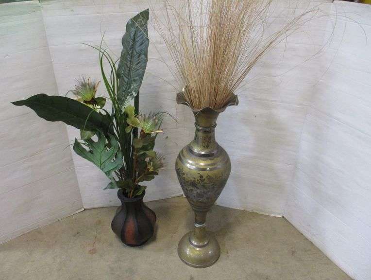 Decorative bronze/brass vase, 36"H, with small plastic vase and