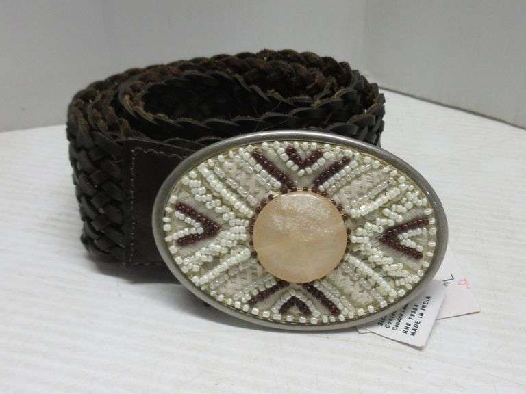 Women's Chico's brown leather slouch belt with beaded buckle, size