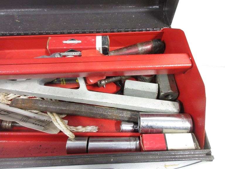 Small engine tools in box, includes Torque wrench, ring compressor