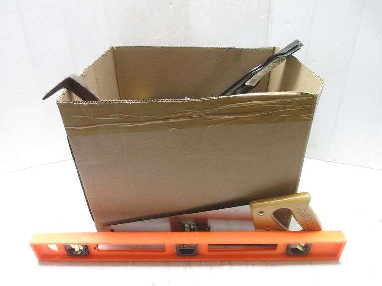 Box of tools, includes Levels, hand saw, pry bar, jet bandsaw guides
