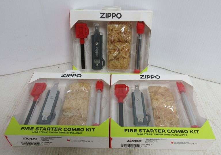 (3) Zippo Fire starter combo kits, each kit has a mag strike, tinder