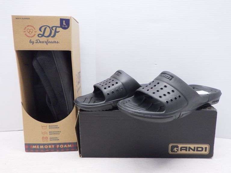 Dearfoam moccasin slippers with memory foam, size 1112; Pair of AND1