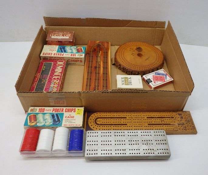 Older Kmart Poker Chips; Older Dominoes; (4) Older Cribbage Boards; (2) Card Decks Albrecht