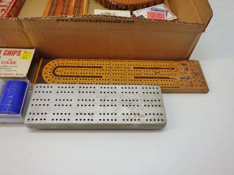 Older Kmart Poker Chips; Older Dominoes; (4) Older Cribbage Boards; (2) Card Decks Albrecht