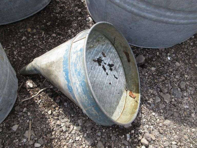 (8) Old galvanized buckets and funnels, wear Albrecht Auction Service