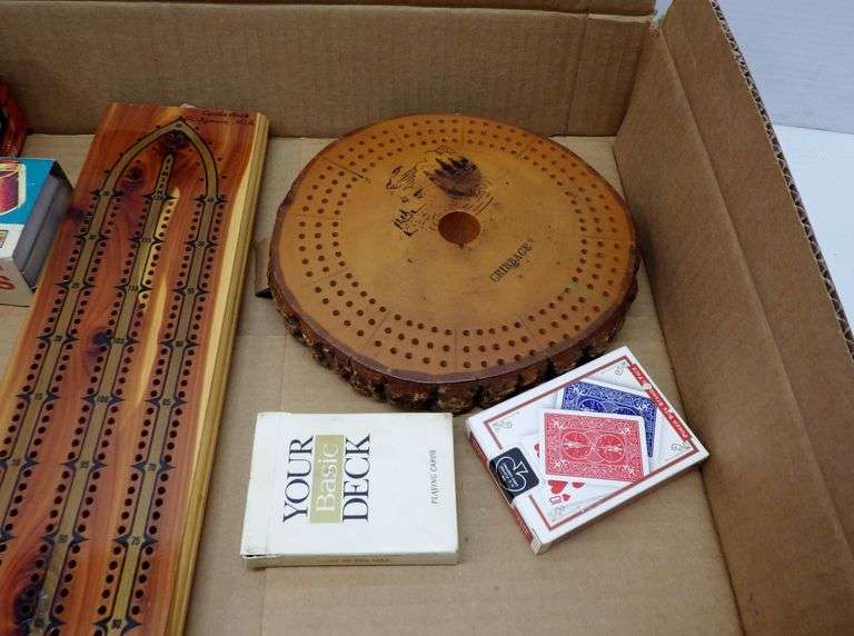 Older Kmart Poker Chips; Older Dominoes; (4) Older Cribbage Boards; (2) Card Decks Albrecht