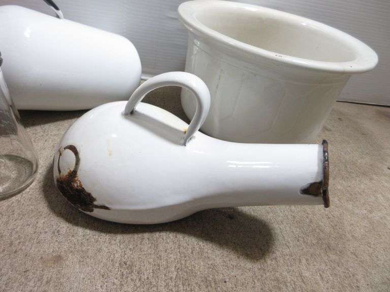 Ironstone McNichol Liverpool England chamber pot, (2) Enamel urinals