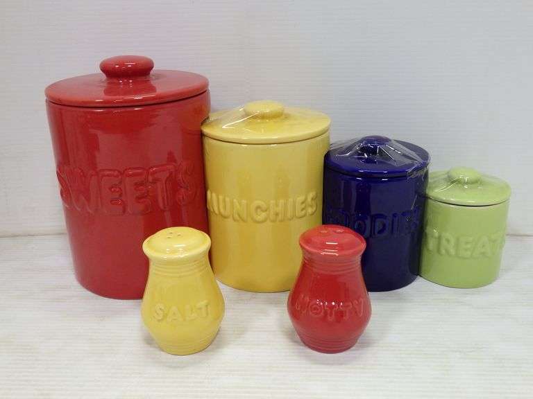 4Piece canister set with lids, graduating sizes, ceramic red, yellow
