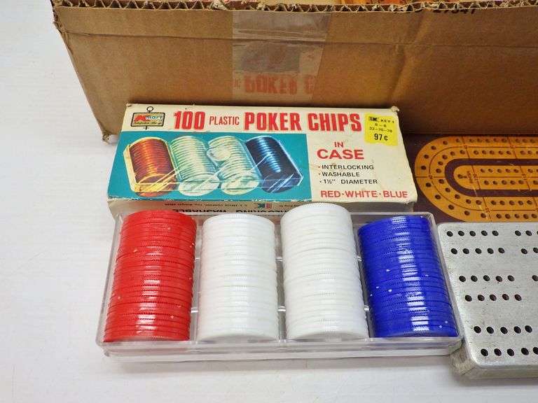 Older Kmart Poker Chips; Older Dominoes; (4) Older Cribbage Boards; (2