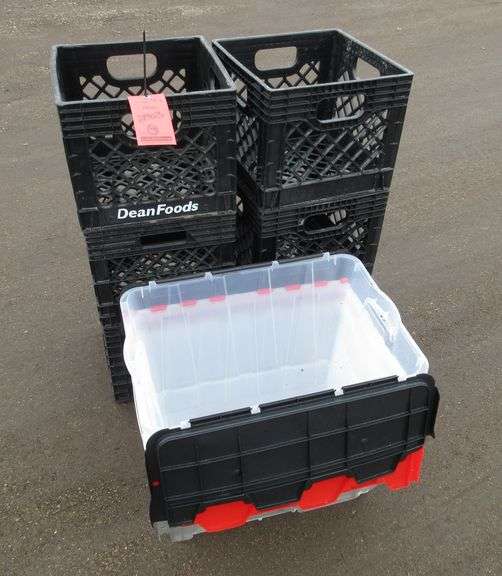 (6) Plastic milk crates, and (3) Clear 12Gallon flip top totes