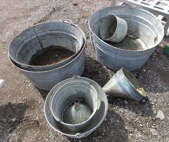 (8) Old galvanized buckets and funnels, wear Albrecht Auction Service