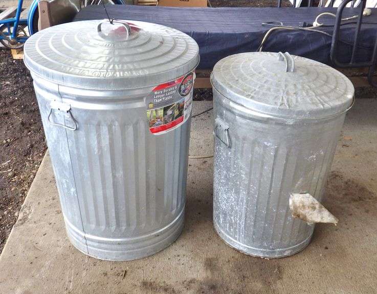 (2) Galvanized trash cans with lids, 28"H, good Albrecht Auction Service
