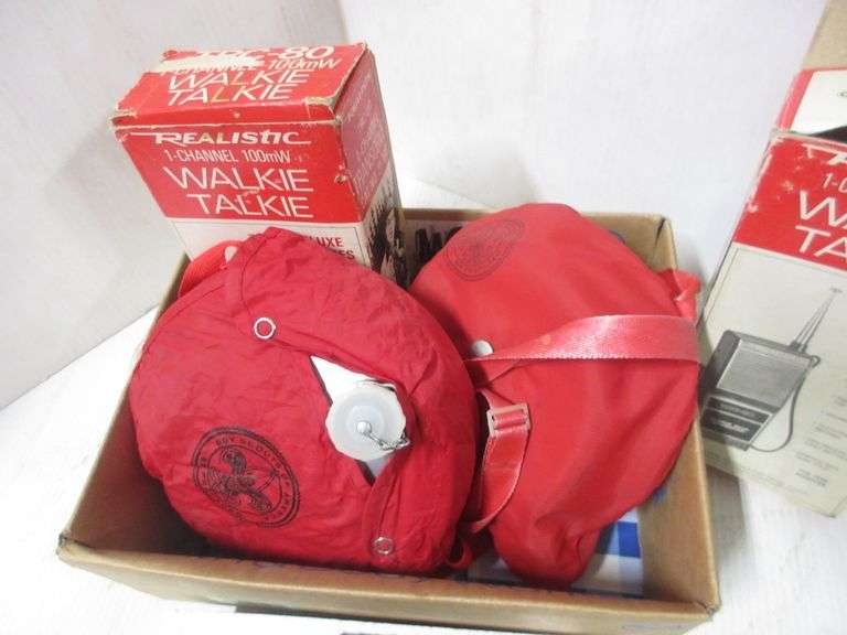Old realistic walkietalkies, Boy Scout canteen, and mess kit, in carry