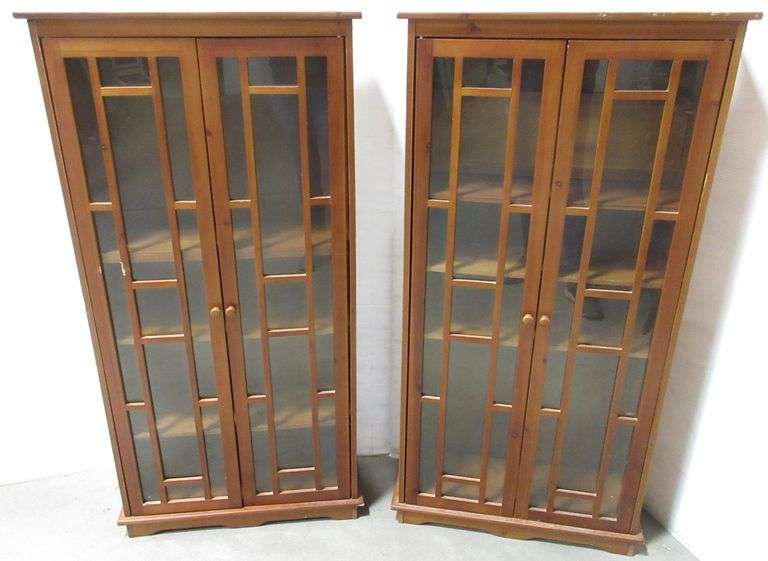 (2) Fiveshelf mission style with glass doors, 2'W x 8 1/2"D x
