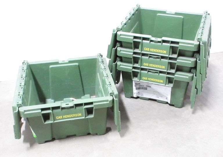 (4) Small totes with attached lids, 12"W x 11"D x 7"H, heavy plastic