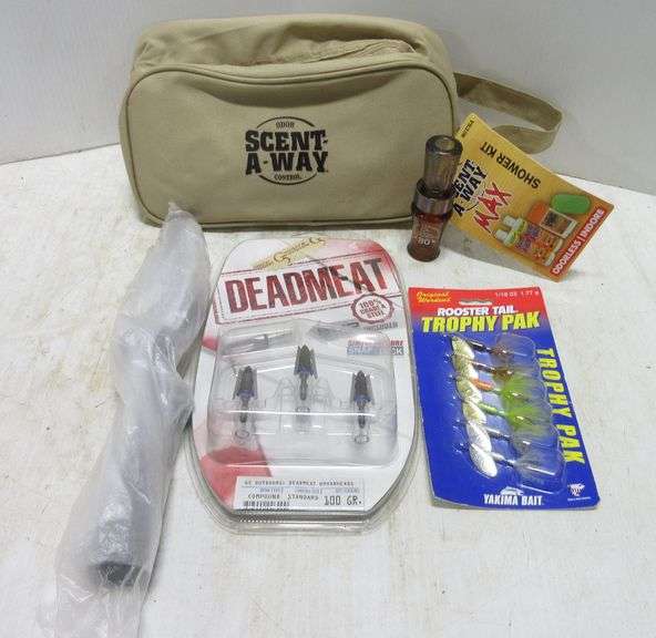 Hunting and fishing items, includes Duck call, scent away kit, scope