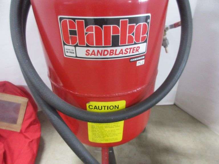 Clarke sandblaster with manual, helmet, face shield, and extra parts
