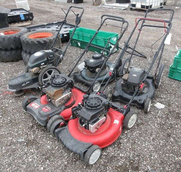 (4) Push mowers, and a walk behind weed trimmer, will start on starting fluid, used, for parts