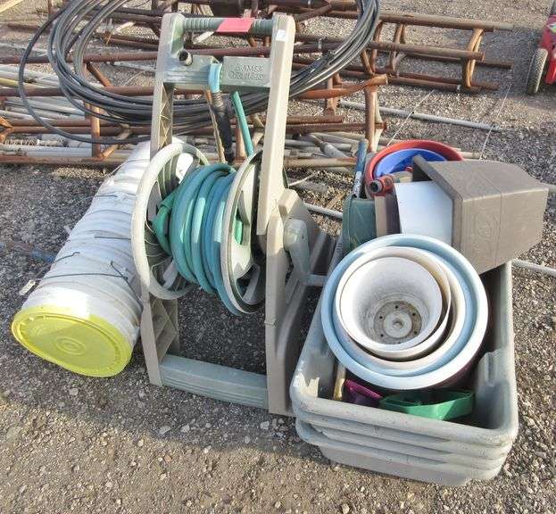 Hose caddy with hose, (6) 5Gallon Buckets, (4) Heavy duty stackable