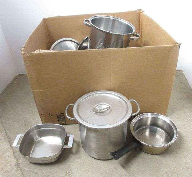 Older stainless steel pots and pans, up to 9"H, nice, used, most have