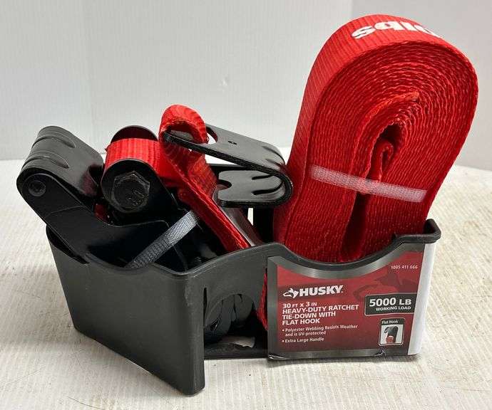 Husky, heavyduty ratchet tiedown with flat hooks, 3" x 30', in new