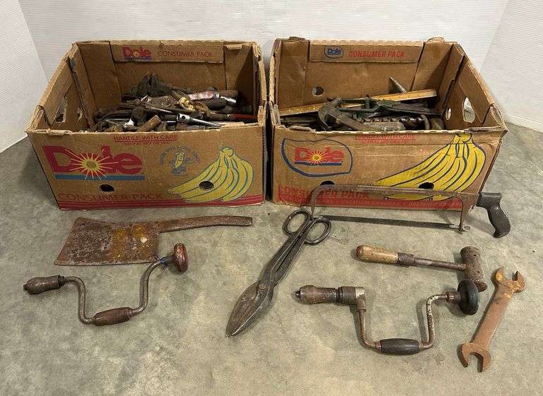(2) Boxes of older tools, includes Pipe wrenches, Sockets, Hammers
