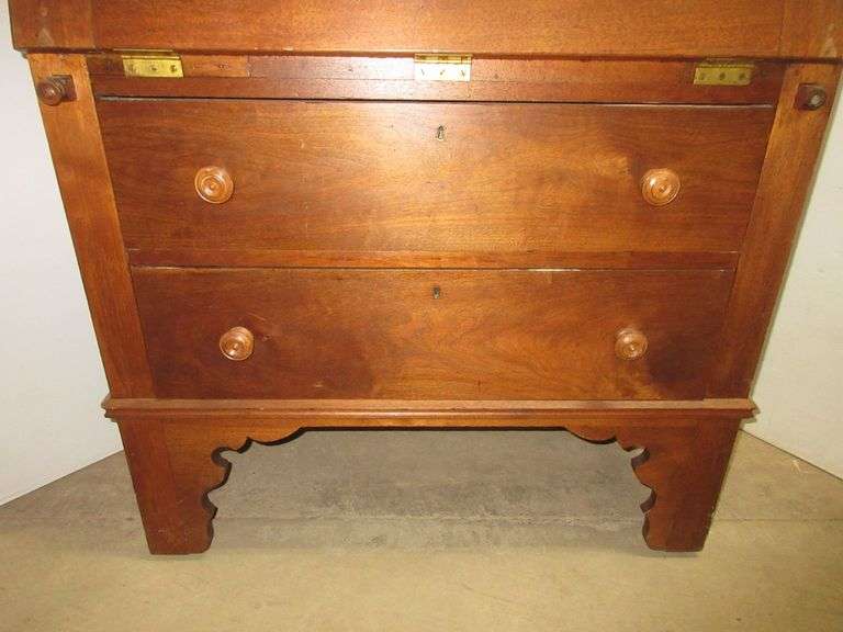 Antique secretary, skeleton key locks on drawers and top pulldown, 38"W x 18"D x 51"H, good