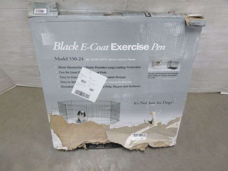 Black Ecoat exercise pen, 16' enclosure, and (8) 2' x 2' panels, new