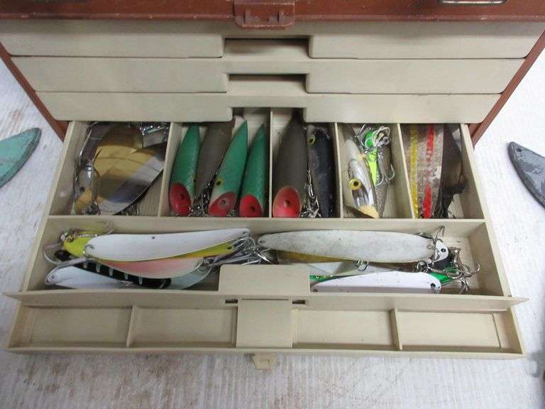 Salmon fishing supplies, includes Plano tackle box, (2) Dodgers, J