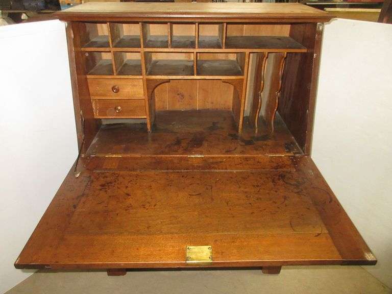 Antique secretary, skeleton key locks on drawers and top pulldown, 38"W x 18"D x 51"H, good