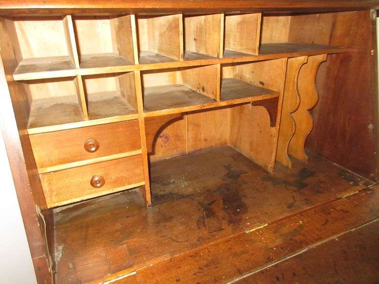Antique secretary, skeleton key locks on drawers and top pulldown, 38"W x 18"D x 51"H, good