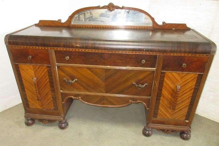 Art deco waterfall buffet, 65"W x 21"D x 40"H, some surface wear