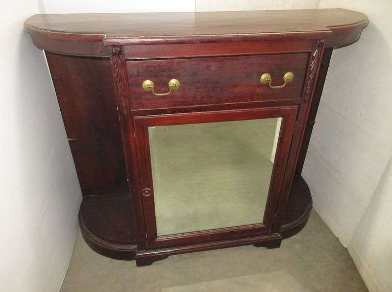 Antique solid entry with (4) corner glass shelves, 46"W x 15"D