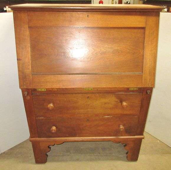Antique secretary, skeleton key locks on drawers and top pulldown, 38"W x 18"D x 51"H, good