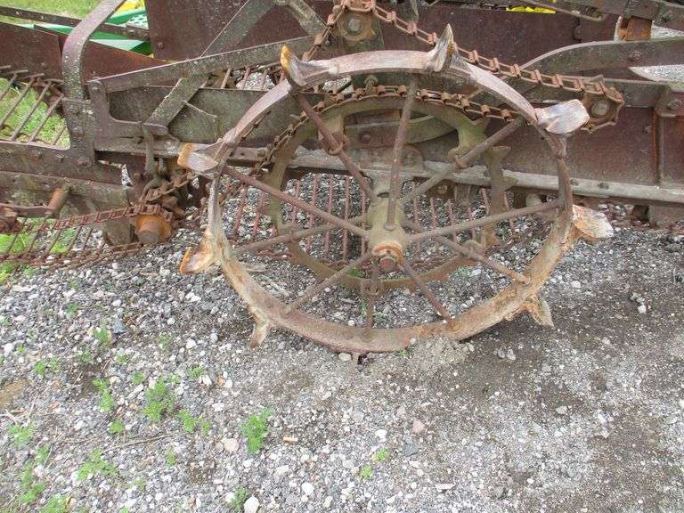 Antique potato harvester, refurbished 8/2021, 22"W mouth, 30" steel wheels with steel spikes, 5