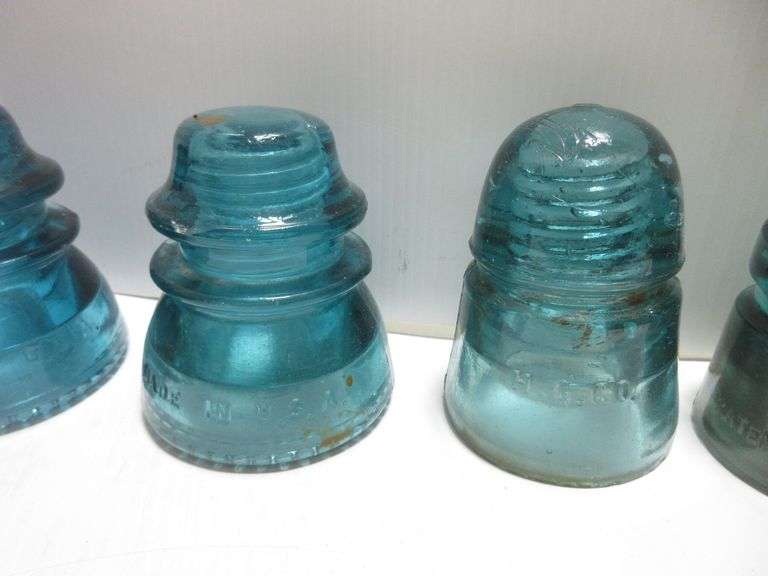 Blue glass insulators, various brands, mostly Hemingray Albrecht