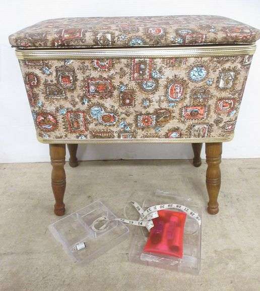 Burlington Hawkeye midcentury ottoman sewing box with various items