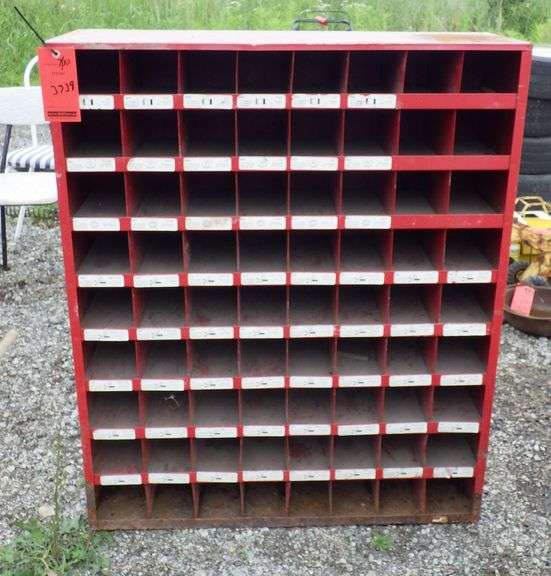 Metal pigeon hole bolt bin, 72holes, 4" x 4 1/2" holes, OEC Corp