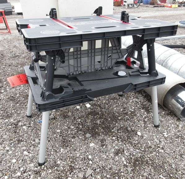 Keter folding work table with built in clamps, 33"L x 21"D x 32"H, good