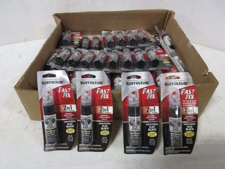 (60) RustOleum .5 oz. universal flat black fast fix 2in1 paint and