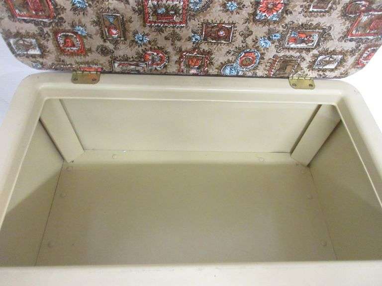 Burlington Hawkeye midcentury ottoman sewing box with various items