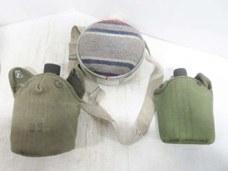 Wool blanket canteen, US military steel canteen with steel liner and canvas cover, aluminium