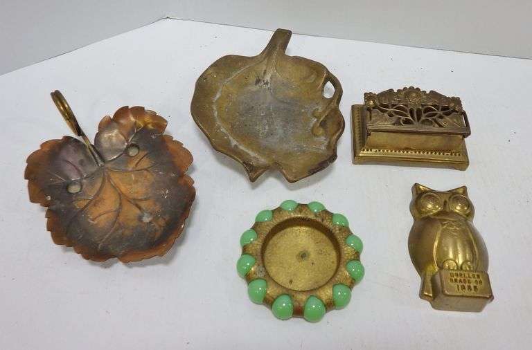 1930s Fisher jewel tray, hammered brass/jade marbles; 1930s Brass