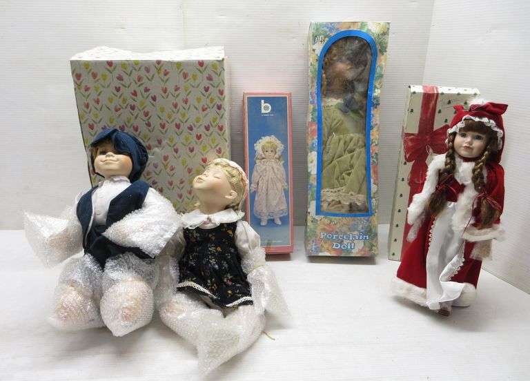 (4) Older porcelain dolls, boxes up to 19"H, boxes rough, dolls in