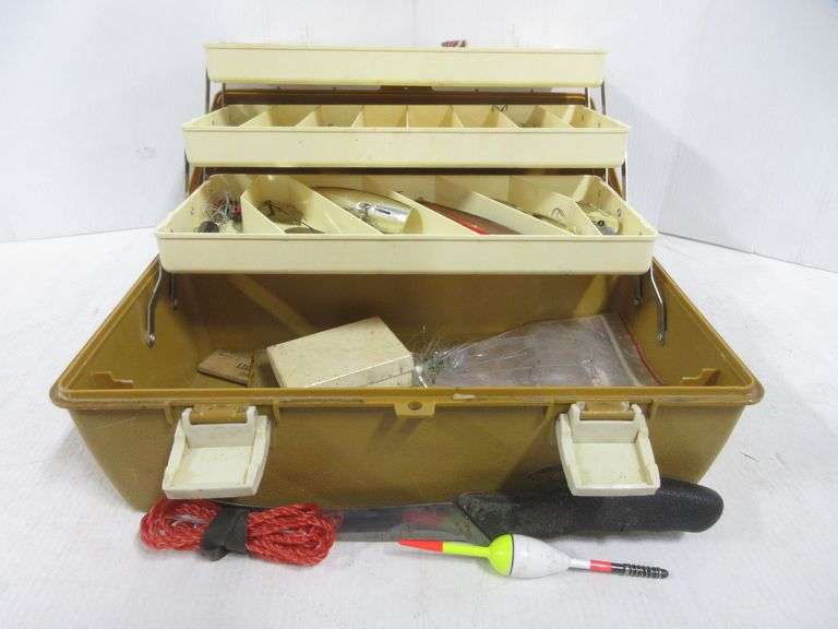 Old Pal tackle box full of older fishing tackle and equipment, 14"W x 7