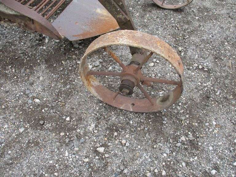 Antique potato harvester, refurbished 8/2021, 22"W mouth, 30" steel wheels with steel spikes, 5