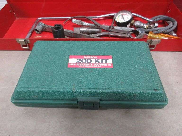 Metal toolbox with automotive specialty wrenches and more; Mason 200