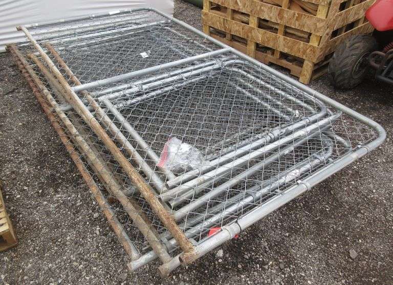 (8) Chain link dog pen fence panels, two have a gate, one has a hole