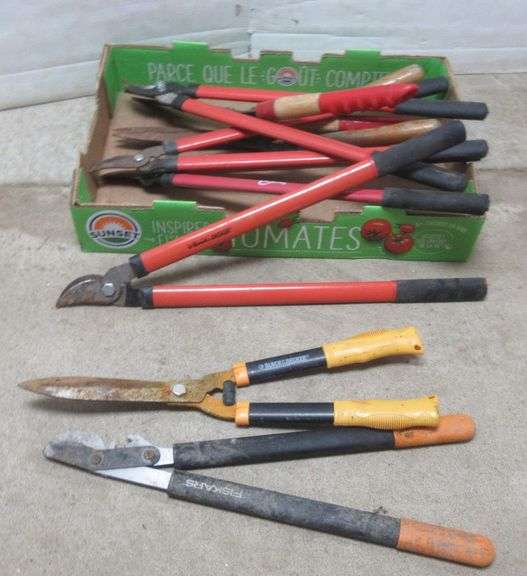 (5) 24" Fiberglass handle loppers, and (3) hedge shears, used